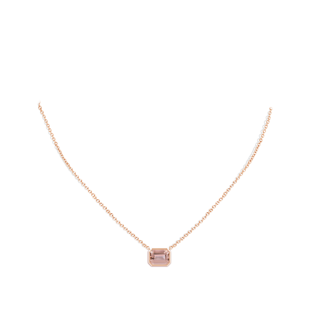 9x7mm AAAA East-West Bezel-Set Emerald-Cut Morganite Pendant in Rose Gold Body-Neck