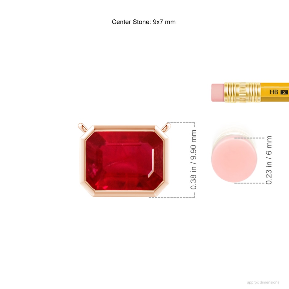 9x7mm AAA East-West Bezel-Set Emerald-Cut Ruby Pendant in Rose Gold ruler