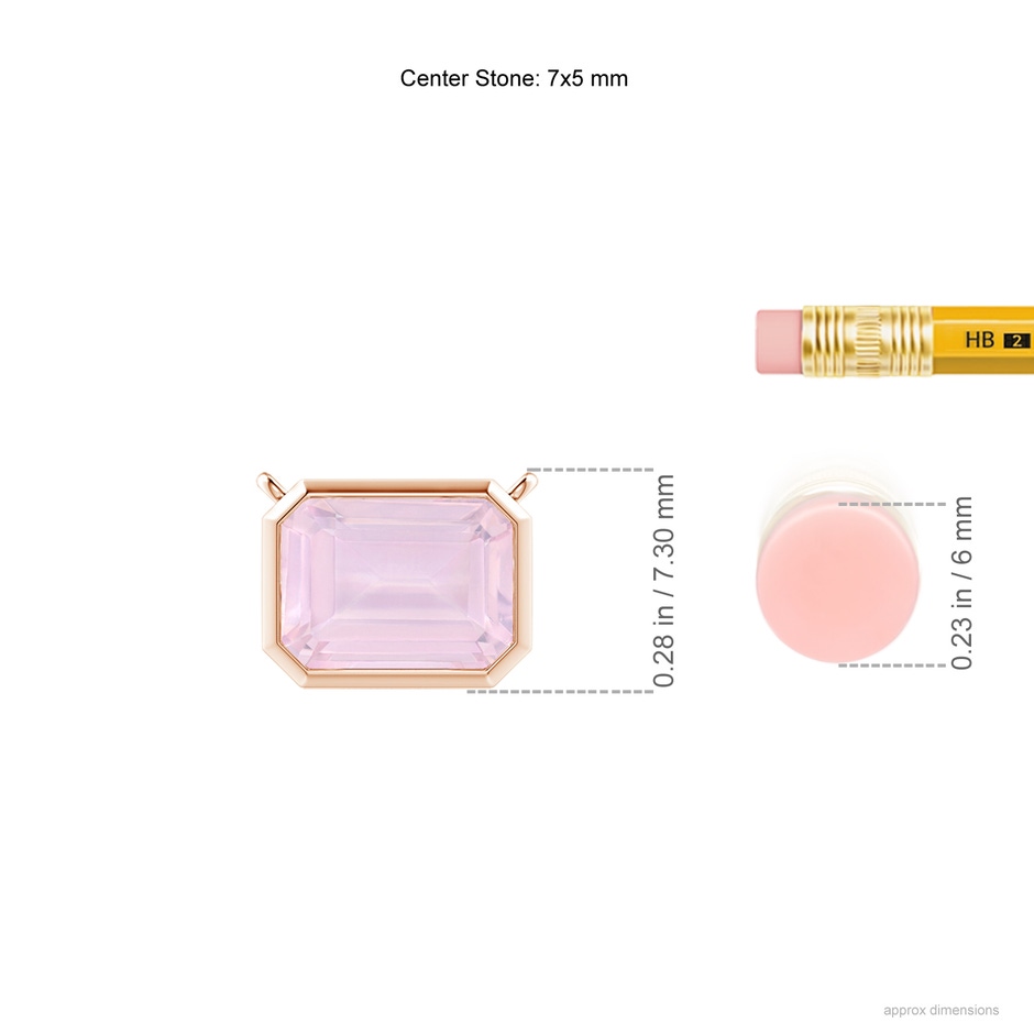 7x5mm AA East-West Bezel-Set Emerald-Cut Rose Quartz Pendant in Rose Gold ruler