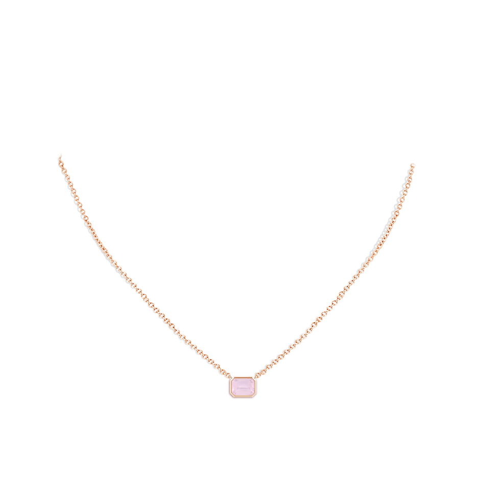7x5mm AA East-West Bezel-Set Emerald-Cut Rose Quartz Pendant in Rose Gold body-neck