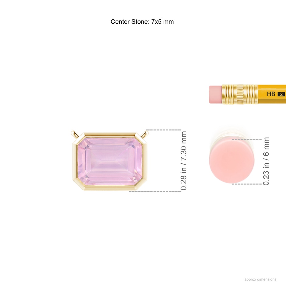 7x5mm AAAA East-West Bezel-Set Emerald-Cut Rose Quartz Pendant in Yellow Gold ruler