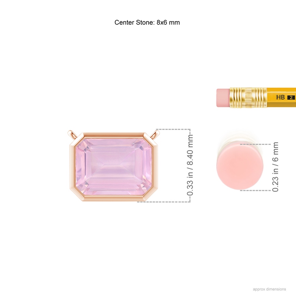 8x6mm AAAA East-West Bezel-Set Emerald-Cut Rose Quartz Pendant in Rose Gold ruler