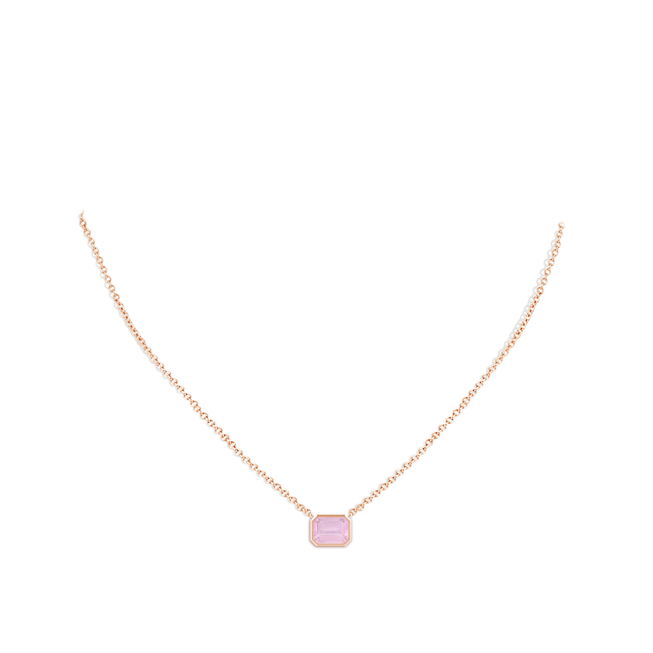 8x6mm AAAA East-West Bezel-Set Emerald-Cut Rose Quartz Pendant in Rose Gold body-neck