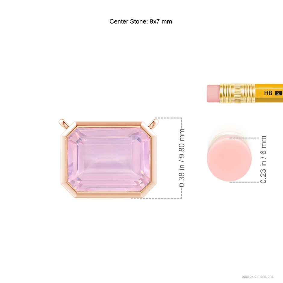 9x7mm AAAA East-West Bezel-Set Emerald-Cut Rose Quartz Pendant in Rose Gold ruler