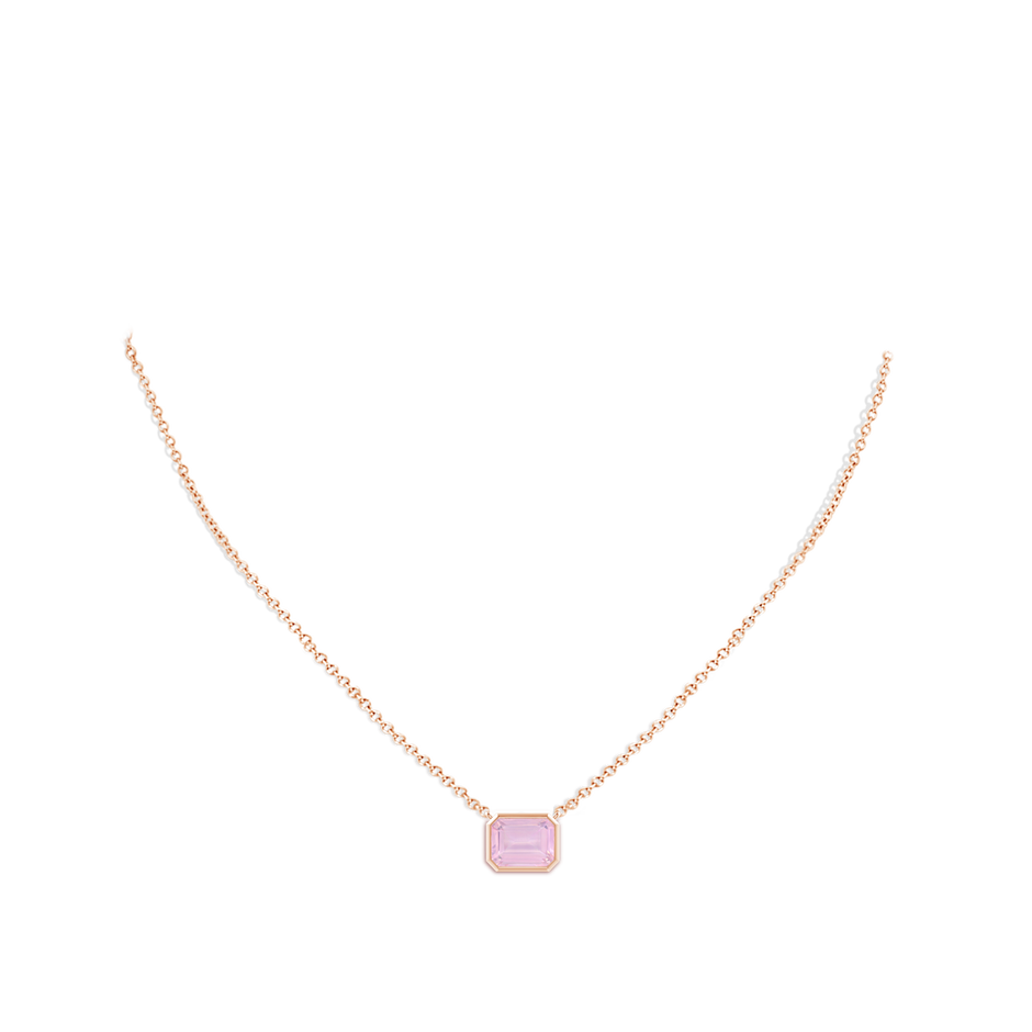 9x7mm AAAA East-West Bezel-Set Emerald-Cut Rose Quartz Pendant in Rose Gold body-neck