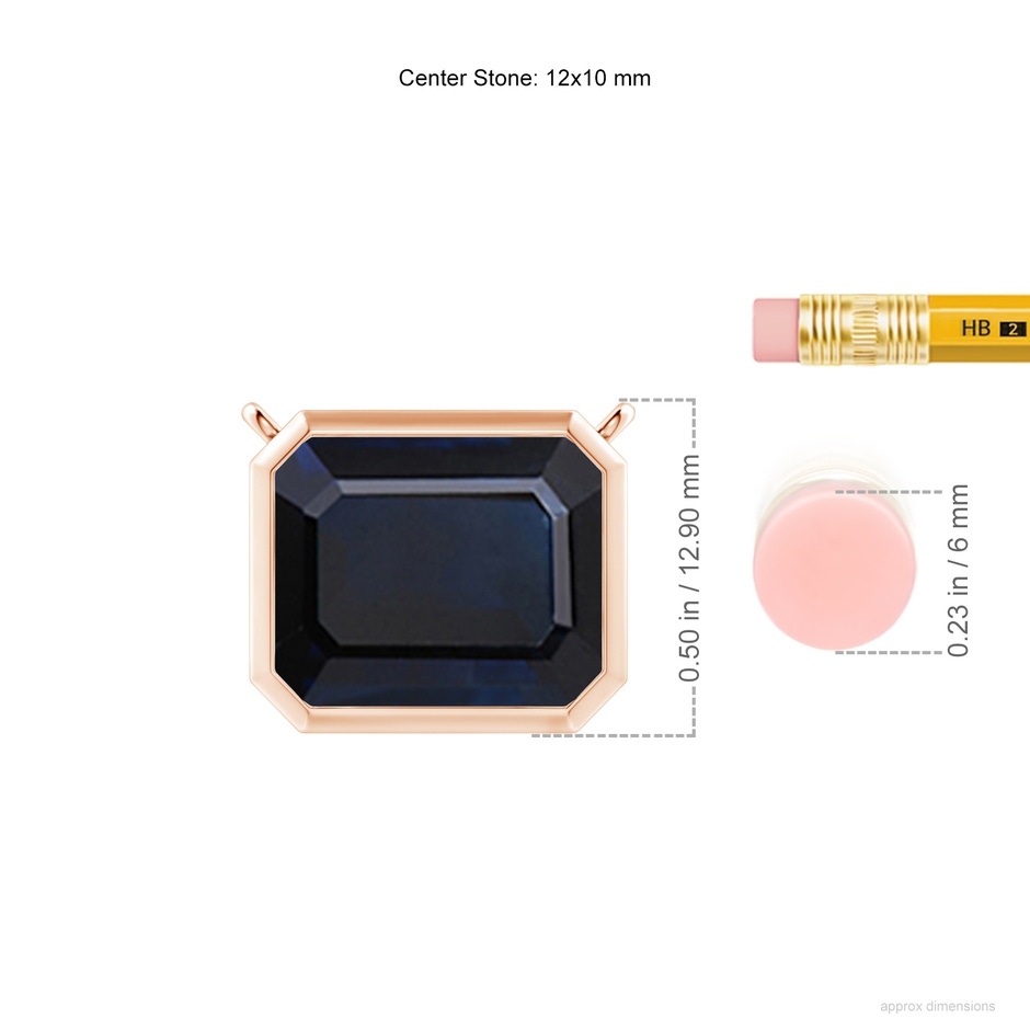 12x10mm A East-West Bezel-Set Emerald-Cut Blue Sapphire Pendant in Rose Gold ruler