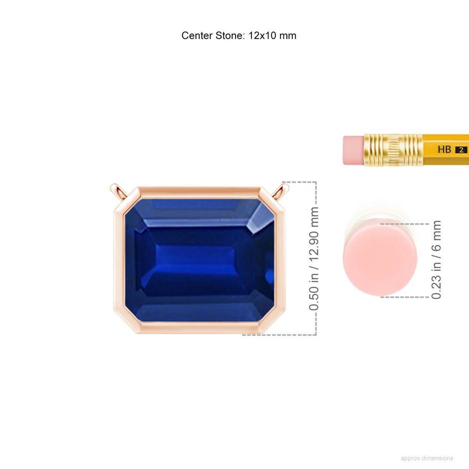 12x10mm Lab-Grown East-West Bezel-Set Emerald-Cut Blue Sapphire Pendant in Rose Gold ruler