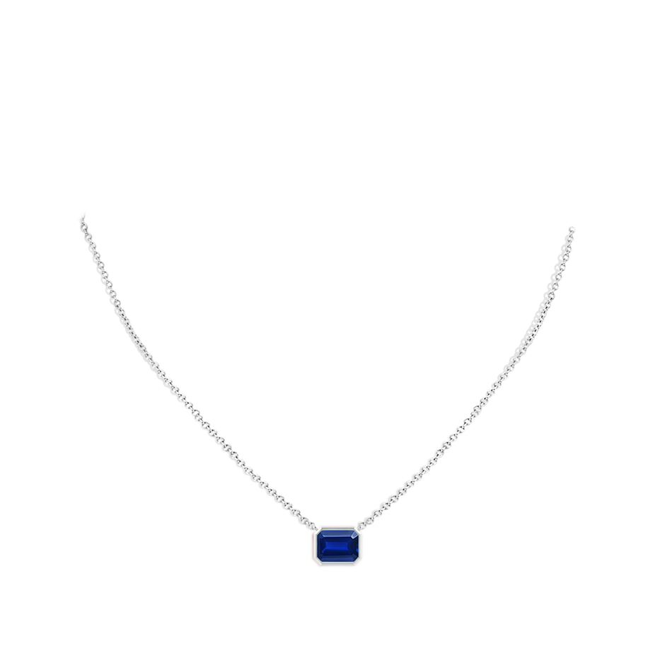 9x7mm Lab-Grown East-West Bezel-Set Emerald-Cut Blue Sapphire Pendant in White Gold pen