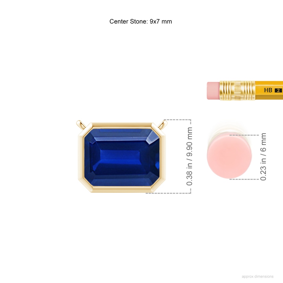 9x7mm Lab-Grown East-West Bezel-Set Emerald-Cut Blue Sapphire Pendant in Yellow Gold ruler