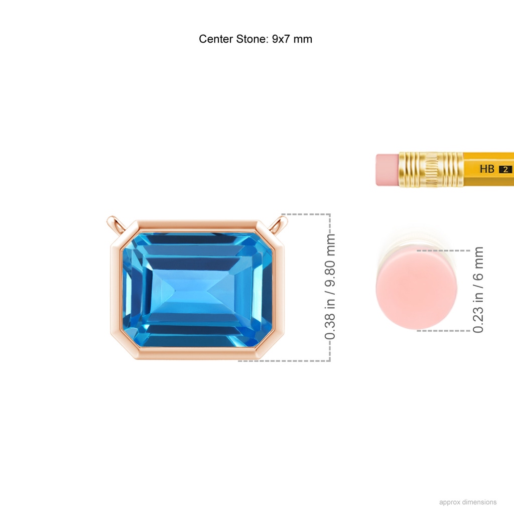 9x7mm AAAA East-West Bezel-Set Emerald-Cut Swiss Blue Topaz Pendant in Rose Gold Ruler