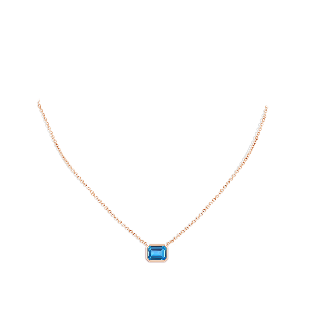 9x7mm AAAA East-West Bezel-Set Emerald-Cut Swiss Blue Topaz Pendant in Rose Gold Body-Neck