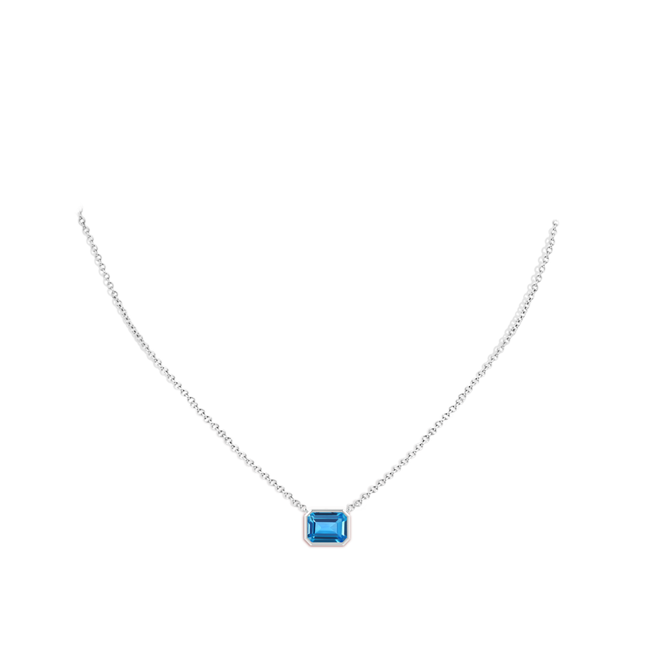 9x7mm AAAA East-West Bezel-Set Emerald-Cut Swiss Blue Topaz Pendant in White Gold body-neck