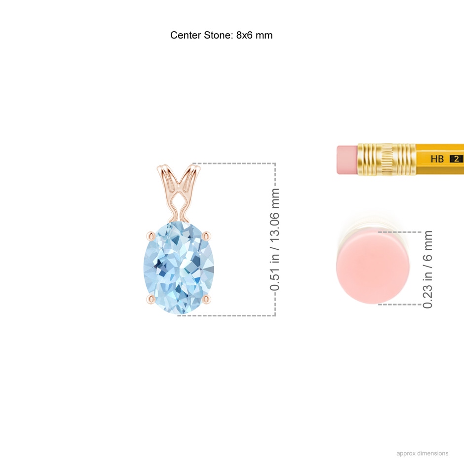 8x6mm AAA Vintage Inspired Solitaire Oval Aquamarine Pendant in Rose Gold ruler