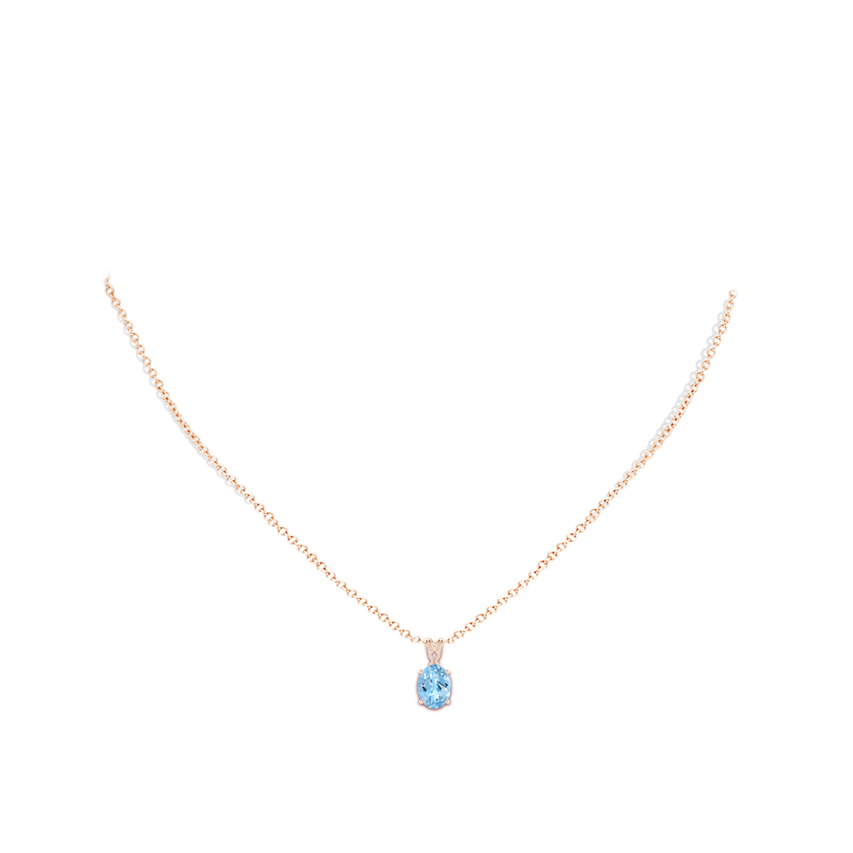 8x6mm AAAA Vintage Inspired Solitaire Oval Aquamarine Pendant in Rose Gold body-neck