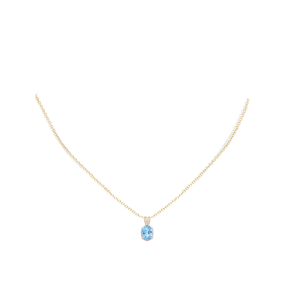 8x6mm AAAA Vintage Inspired Solitaire Oval Aquamarine Pendant in Yellow Gold body-neck