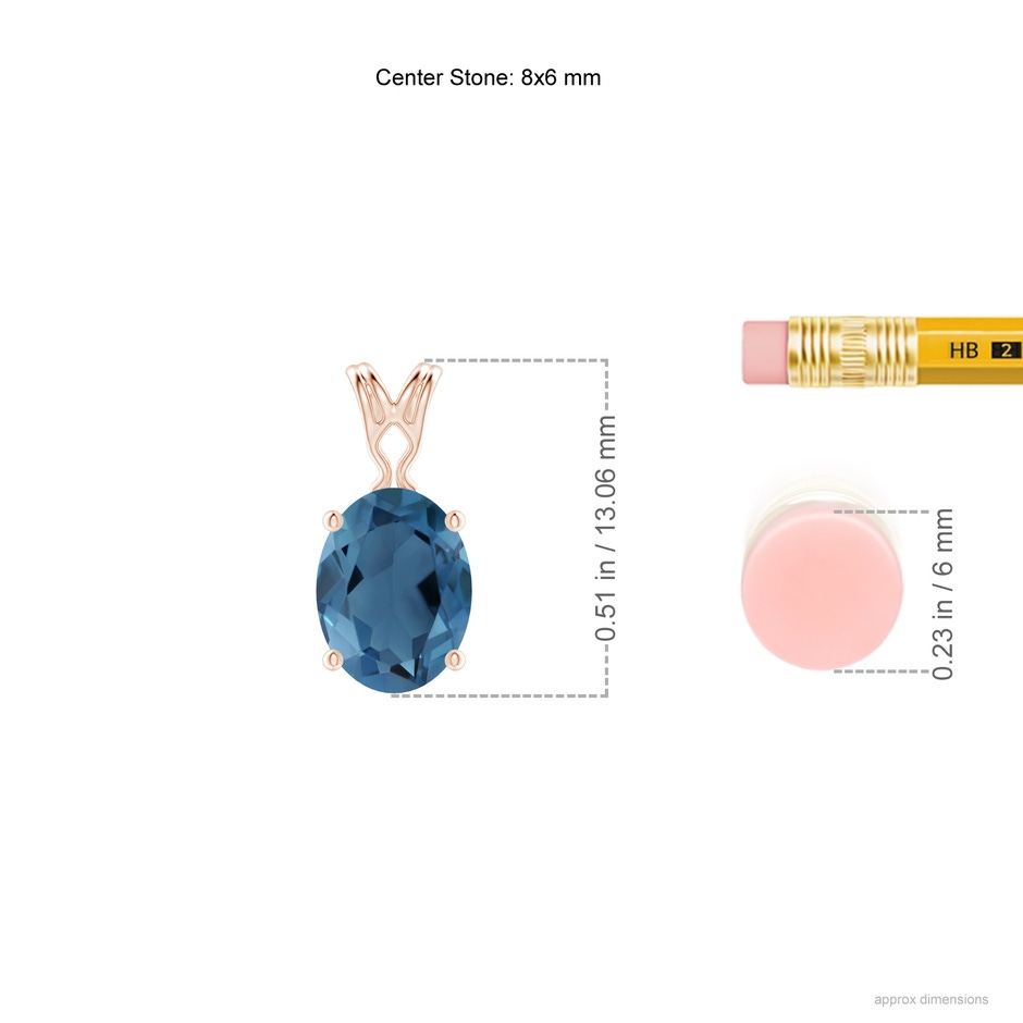 8x6mm A Vintage Inspired Solitaire Oval London Blue Topaz Pendant in Rose Gold ruler