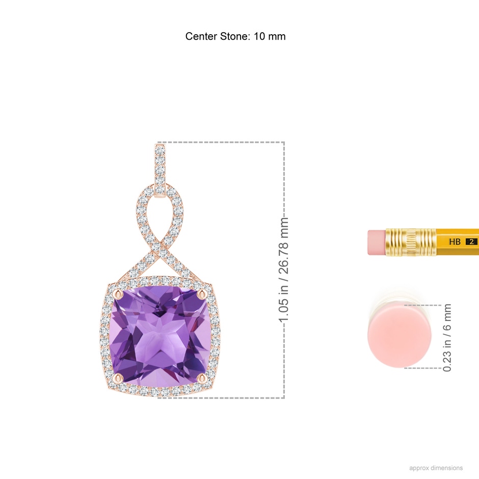 10mm A Cushion Amethyst Halo Pendant with Twisted Loop Bale in Rose Gold ruler