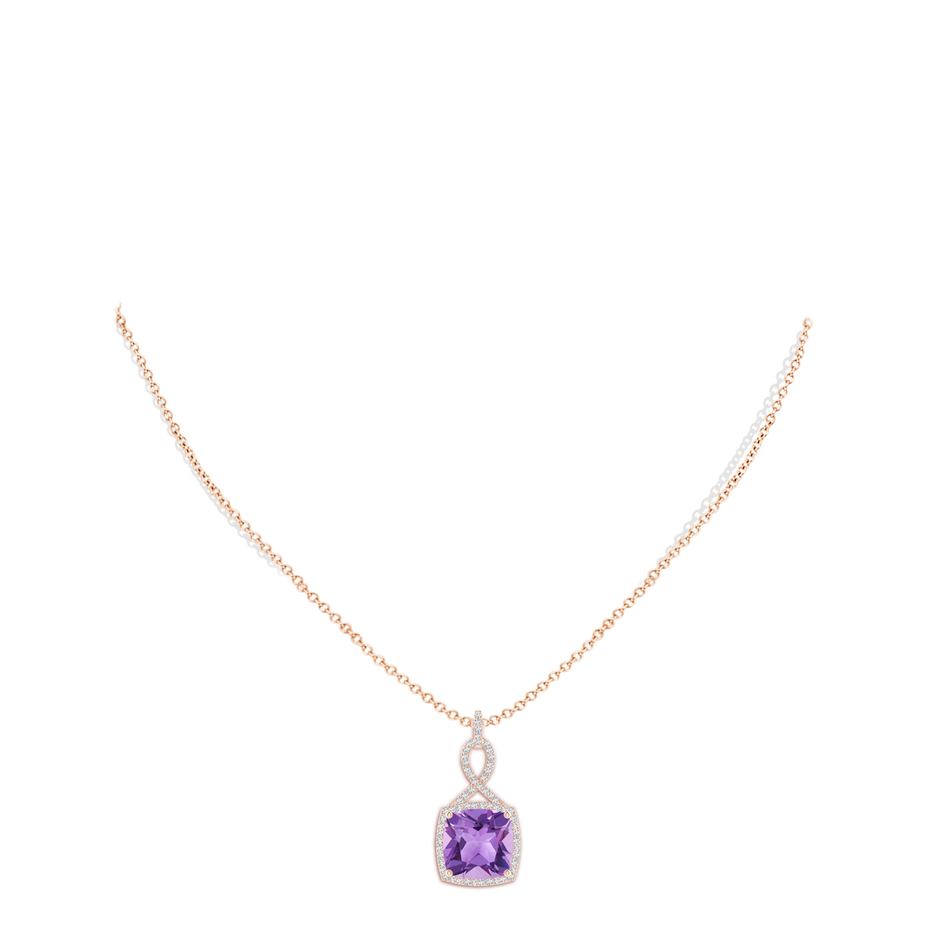 10mm A Cushion Amethyst Halo Pendant with Twisted Loop Bale in Rose Gold body-neck