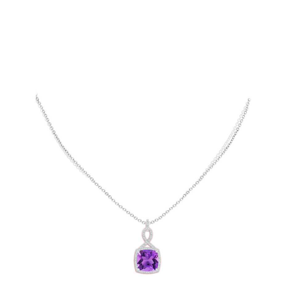 10mm AAA Cushion Amethyst Halo Pendant with Twisted Loop Bale in White Gold body-neck