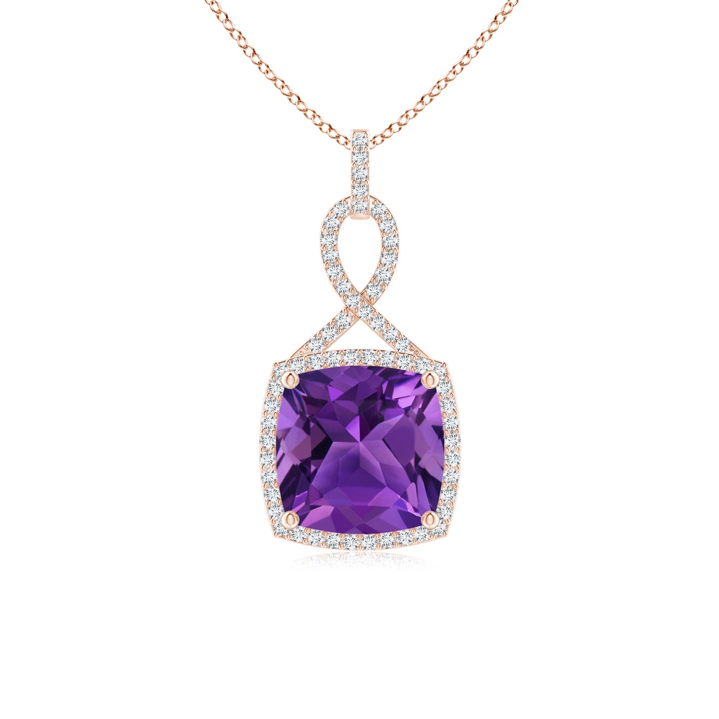 10mm AAAA Cushion Amethyst Halo Pendant with Twisted Loop Bale in Rose Gold