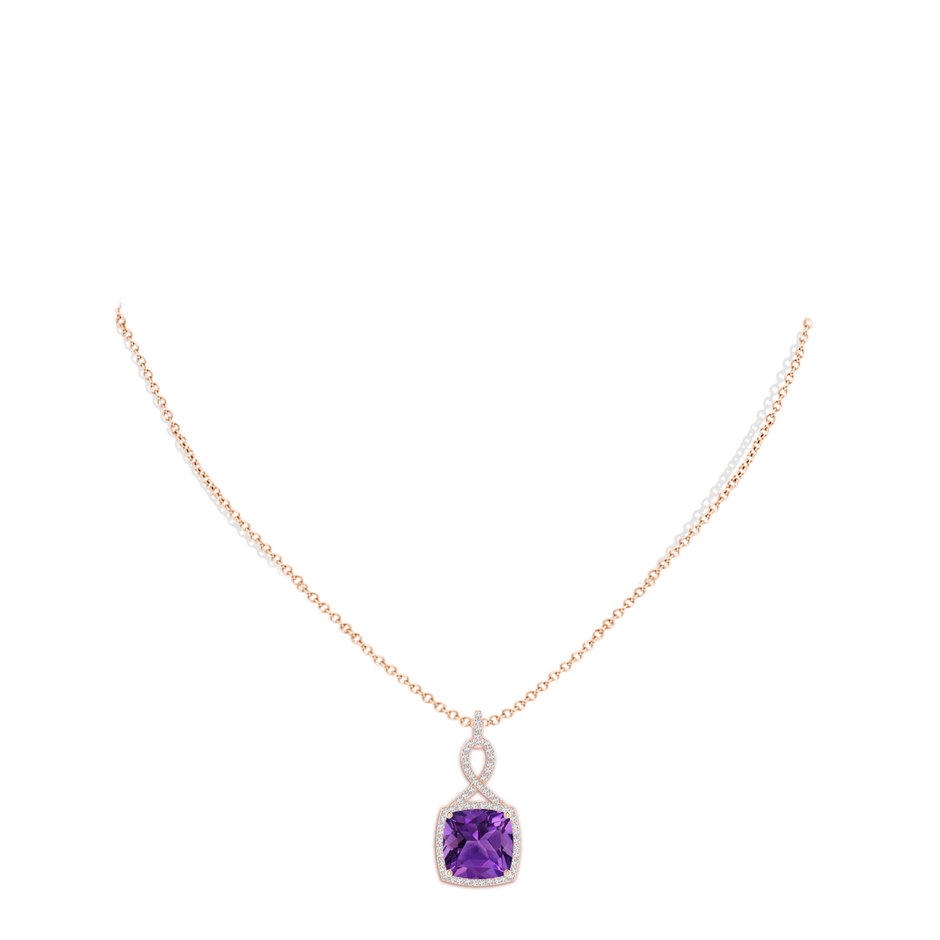 10mm AAAA Cushion Amethyst Halo Pendant with Twisted Loop Bale in Rose Gold body-neck