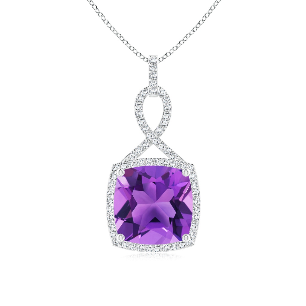 11mm AAA Cushion Amethyst Halo Pendant with Twisted Loop Bale in White Gold