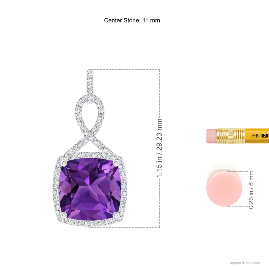11mm AAAA Cushion Amethyst Halo Pendant with Twisted Loop Bale in P950 Platinum ruler