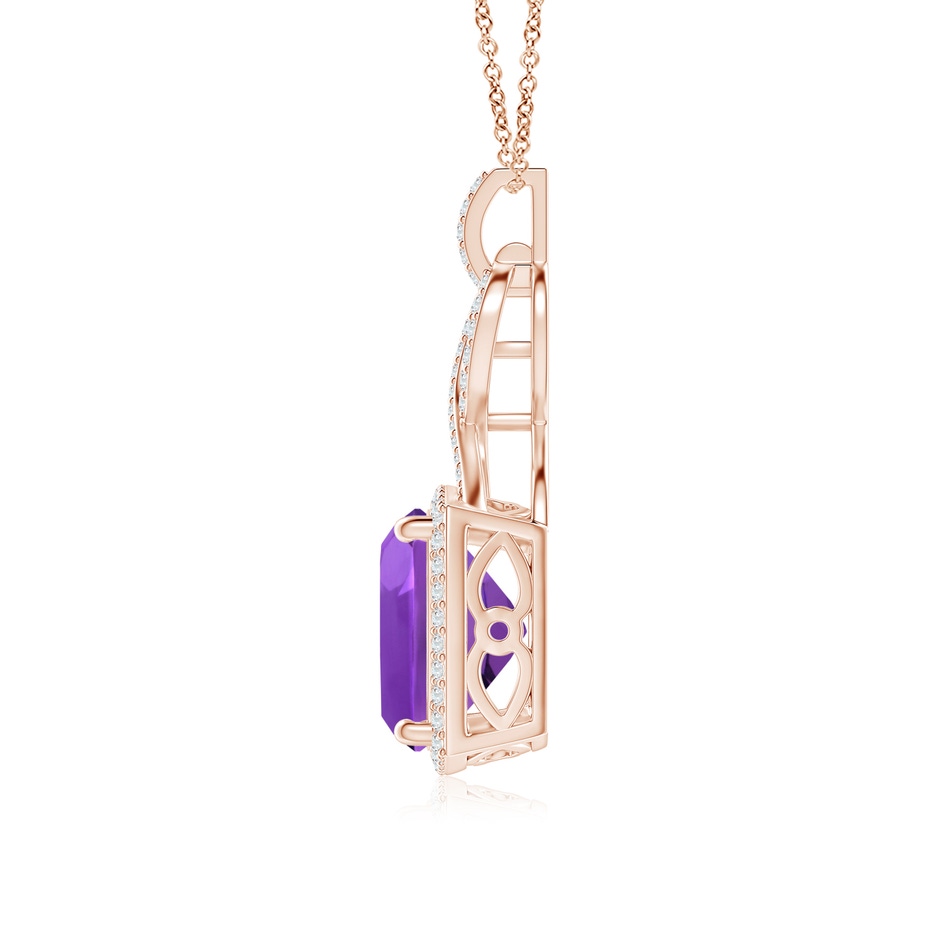 11mm AAAA Cushion Amethyst Halo Pendant with Twisted Loop Bale in Rose Gold side 1