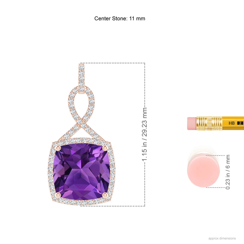 11mm AAAA Cushion Amethyst Halo Pendant with Twisted Loop Bale in Rose Gold ruler