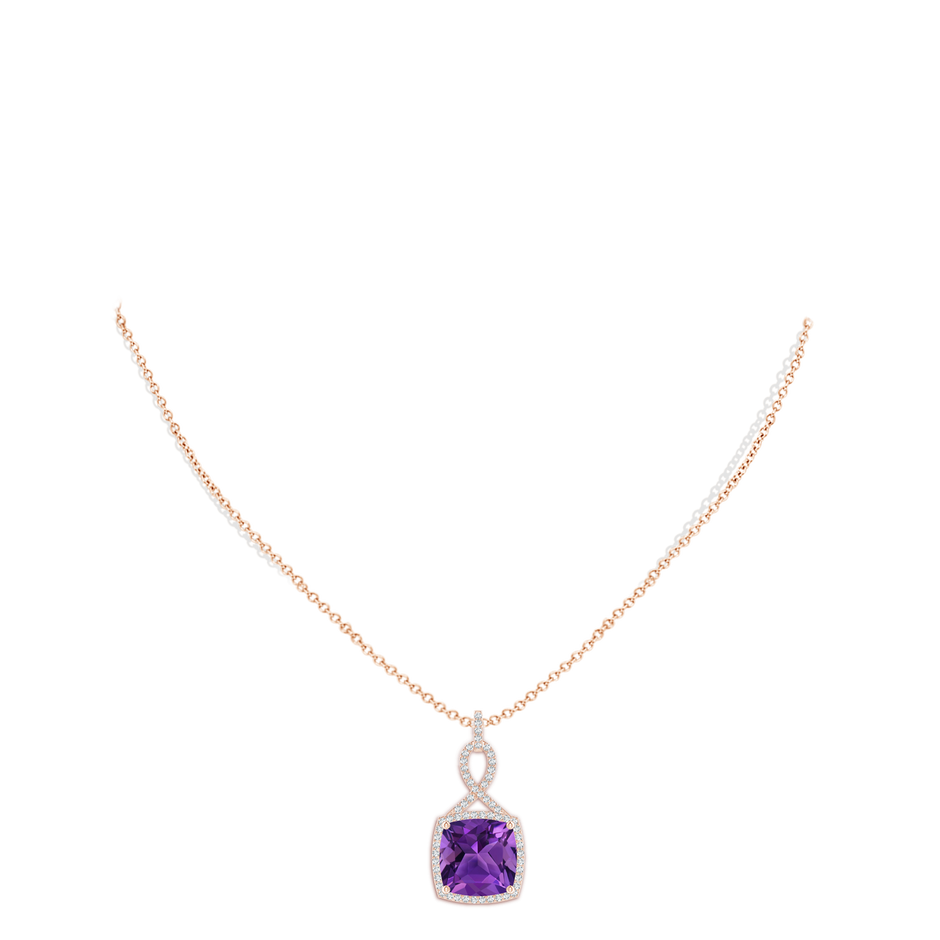 11mm AAAA Cushion Amethyst Halo Pendant with Twisted Loop Bale in Rose Gold body-neck