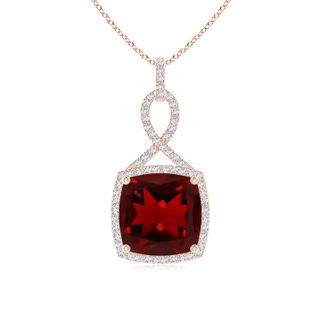 11mm AAAA Cushion Garnet Halo Pendant with Twisted Loop Bale in Rose Gold