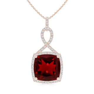 12mm AAAA Cushion Garnet Halo Pendant with Twisted Loop Bale in Rose Gold