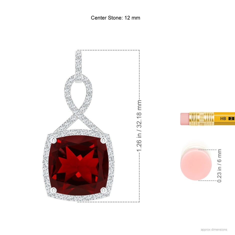 12mm AAAA Cushion Garnet Halo Pendant with Twisted Loop Bale in White Gold ruler