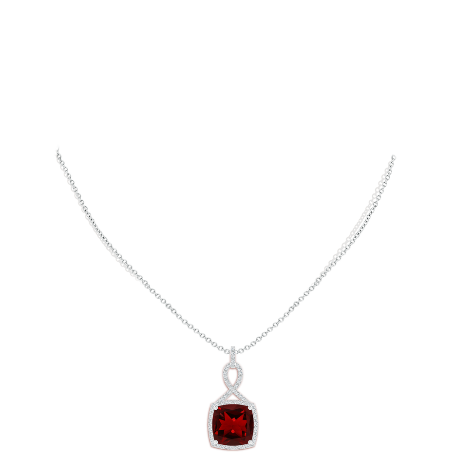 12mm AAAA Cushion Garnet Halo Pendant with Twisted Loop Bale in White Gold body-neck