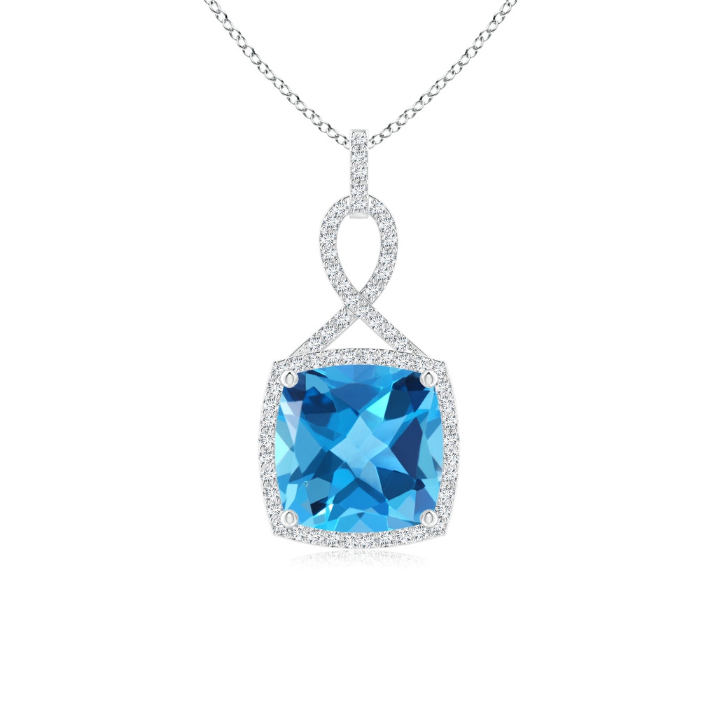 10mm AAA Cushion Swiss Blue Topaz Halo Pendant with Twisted Loop Bale in White Gold