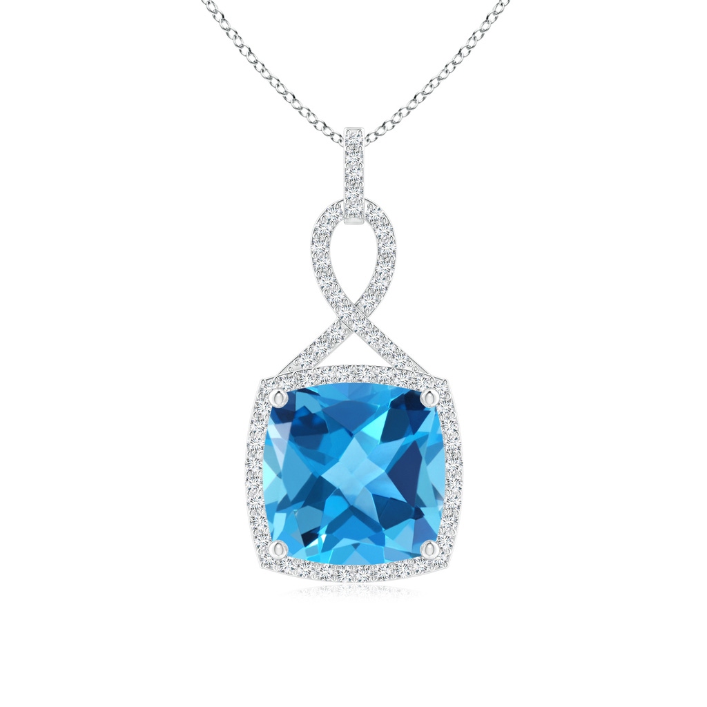 11mm AAA Cushion Swiss Blue Topaz Halo Pendant with Twisted Loop Bale in White Gold