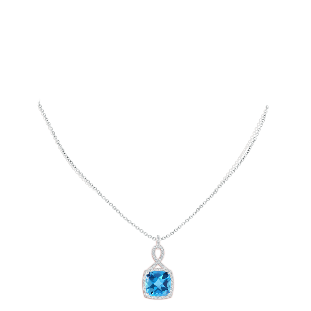 11mm AAA Cushion Swiss Blue Topaz Halo Pendant with Twisted Loop Bale in White Gold Body-Neck