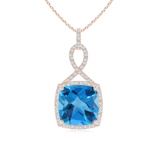 11mm AAAA Cushion Swiss Blue Topaz Halo Pendant with Twisted Loop Bale in Rose Gold