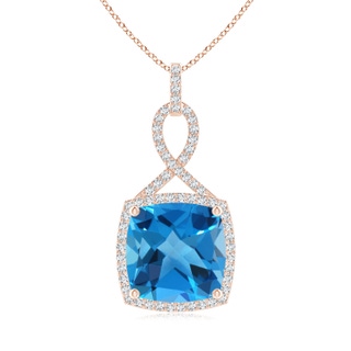 12mm AAAA Cushion Swiss Blue Topaz Halo Pendant with Twisted Loop Bale in Rose Gold