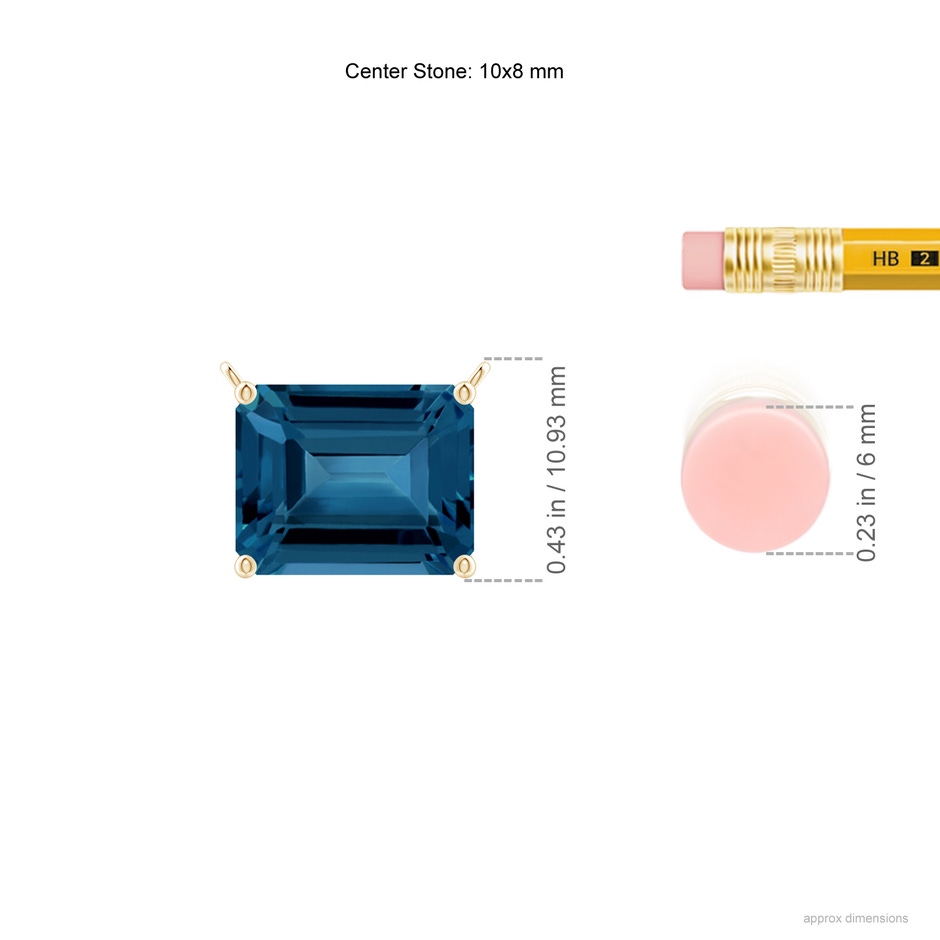 10x8mm AAA East-West Emerald-Cut London Blue Topaz Solitaire Pendant in Yellow Gold ruler