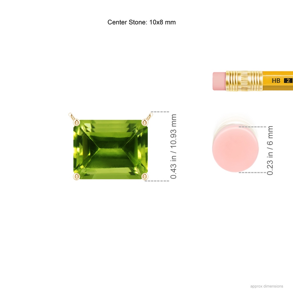 10x8mm AAAA East-West Emerald-Cut Peridot Solitaire Pendant in Yellow Gold Ruler