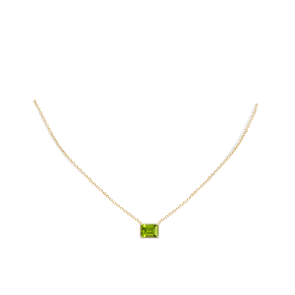 9x7mm AAA East-West Emerald-Cut Peridot Solitaire Pendant in Yellow Gold body-neck