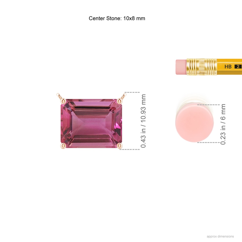 10x8mm AAAA East-West Emerald-Cut Pink Tourmaline Solitaire Pendant in Rose Gold Ruler