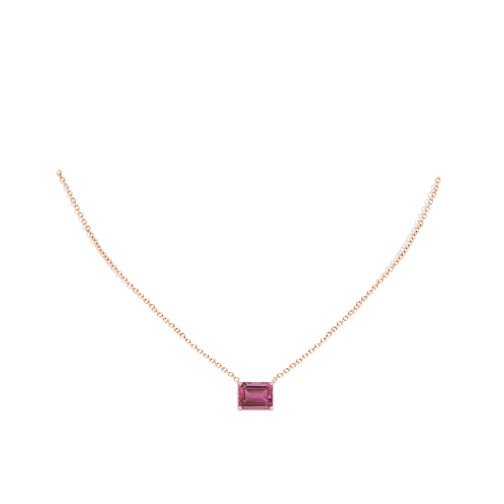 10x8mm AAAA East-West Emerald-Cut Pink Tourmaline Solitaire Pendant in Rose Gold Body-Neck