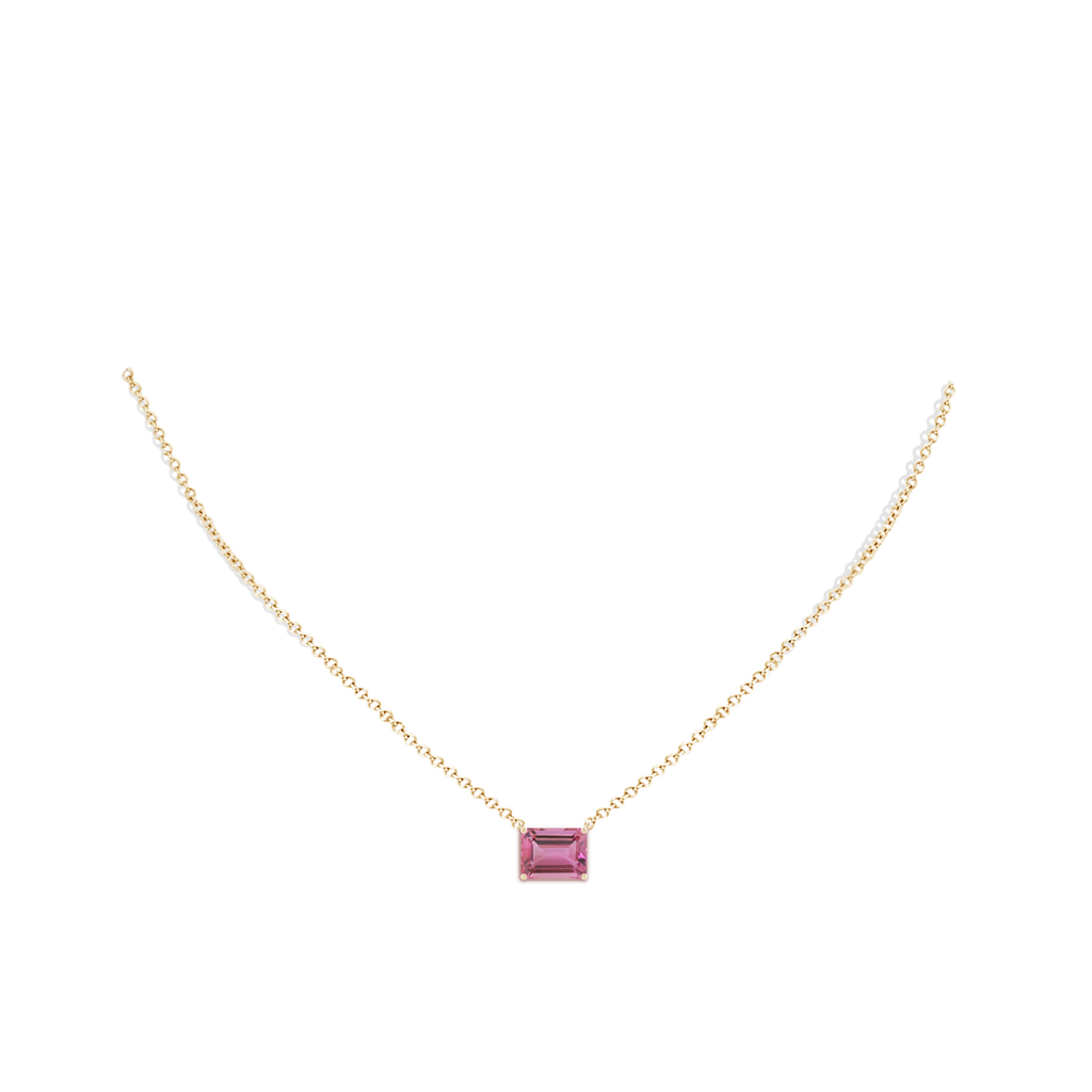 9x7mm AAA East-West Emerald-Cut Pink Tourmaline Solitaire Pendant in Yellow Gold Body-Neck