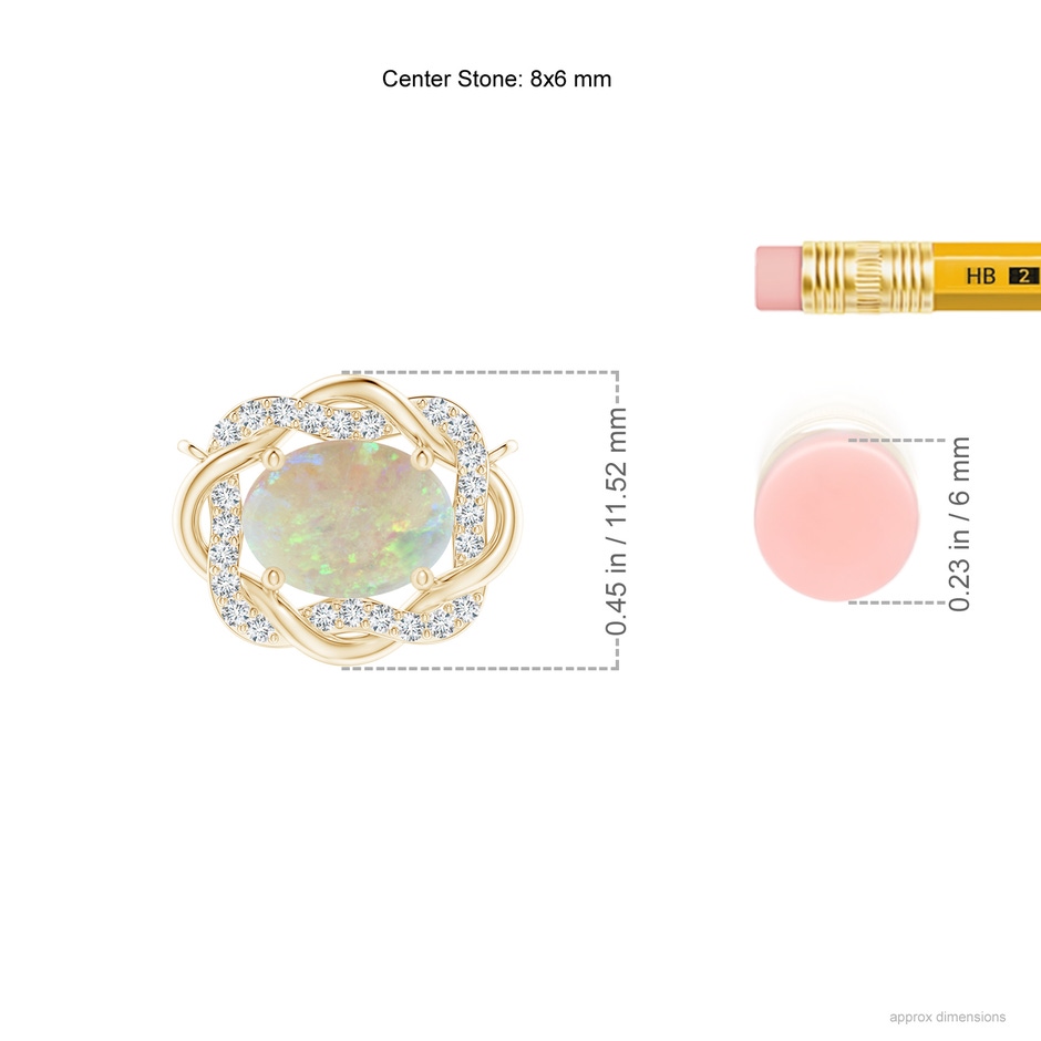 8x6mm AAA Oval Opal Braided Pendant with Diamond Accents in Yellow Gold ruler