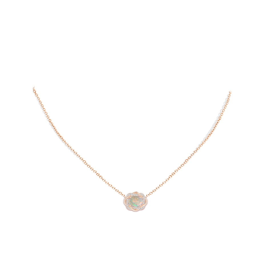 8x6mm AAAA Oval Opal Braided Pendant with Diamond Accents in Rose Gold body-neck