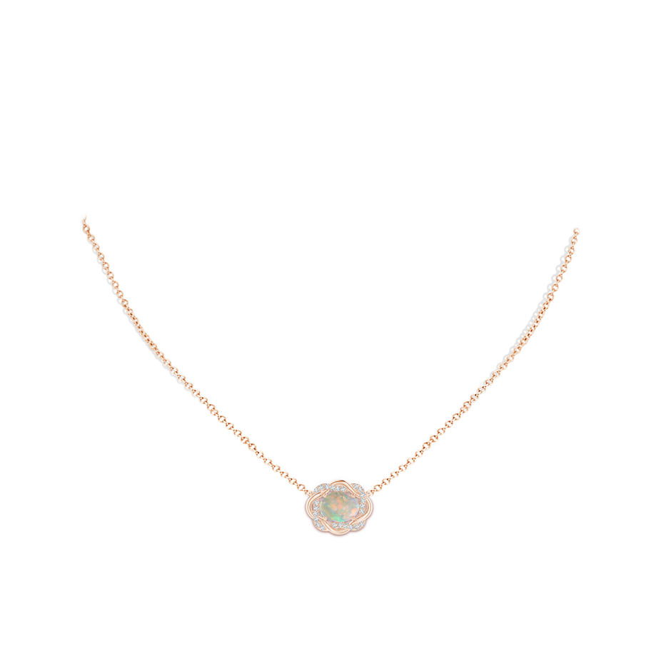 9x7mm AAAA Oval Opal Braided Pendant with Diamond Accents in Rose Gold body-neck