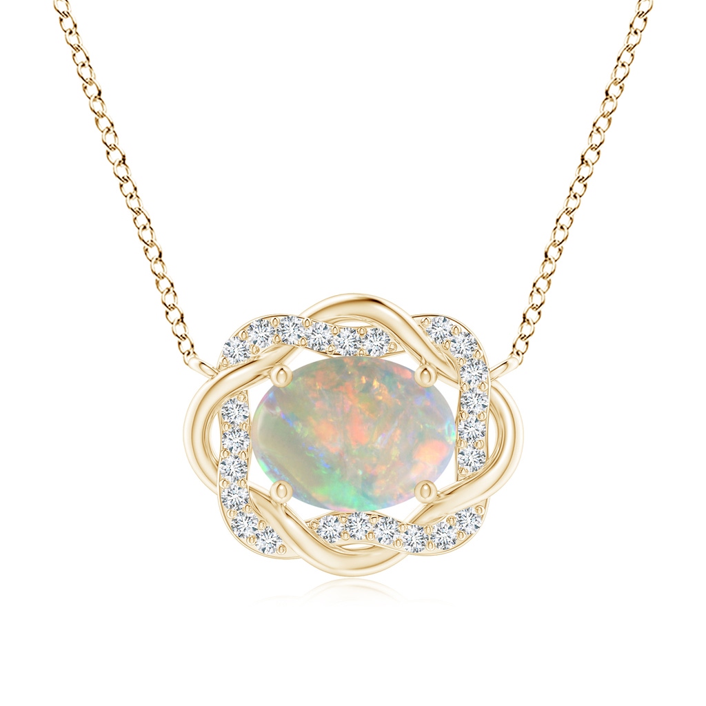 9x7mm AAAA Oval Opal Braided Pendant with Diamond Accents in Yellow Gold