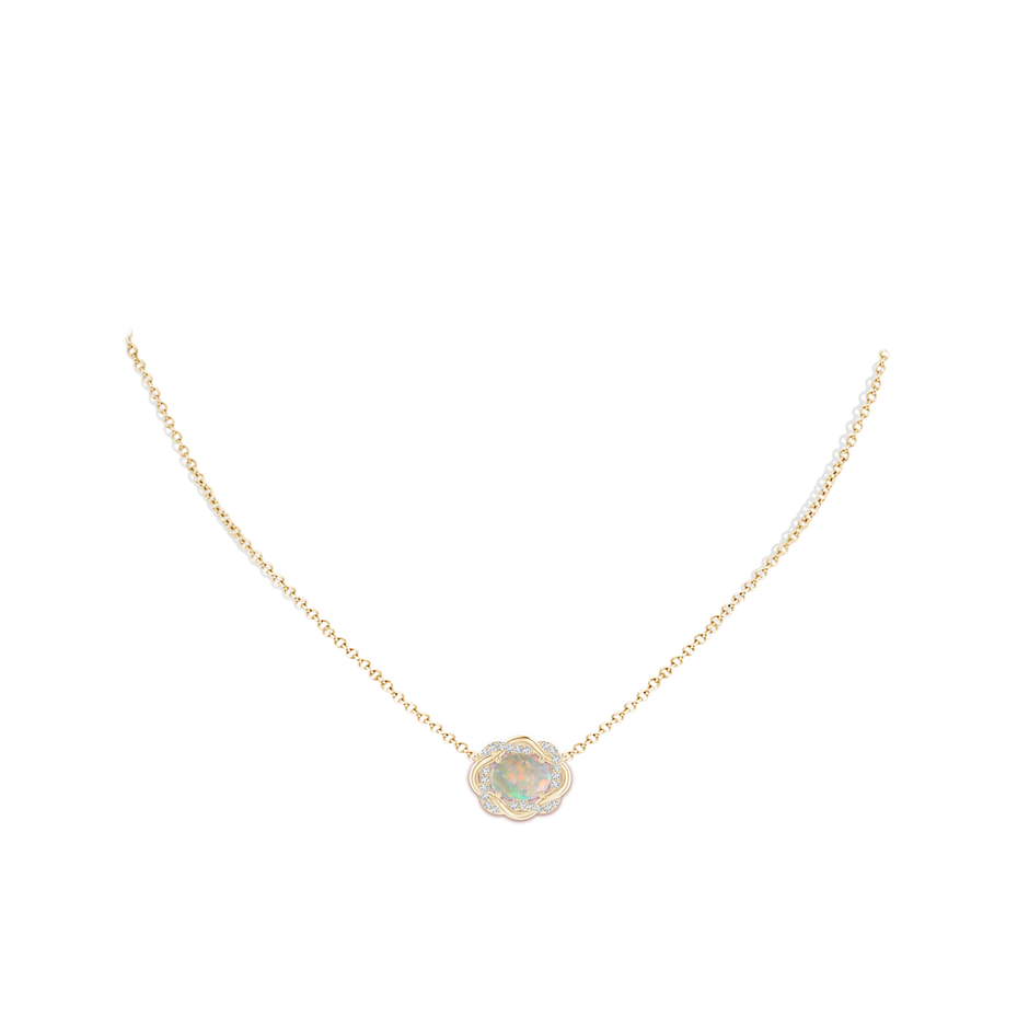 9x7mm AAAA Oval Opal Braided Pendant with Diamond Accents in Yellow Gold body-neck